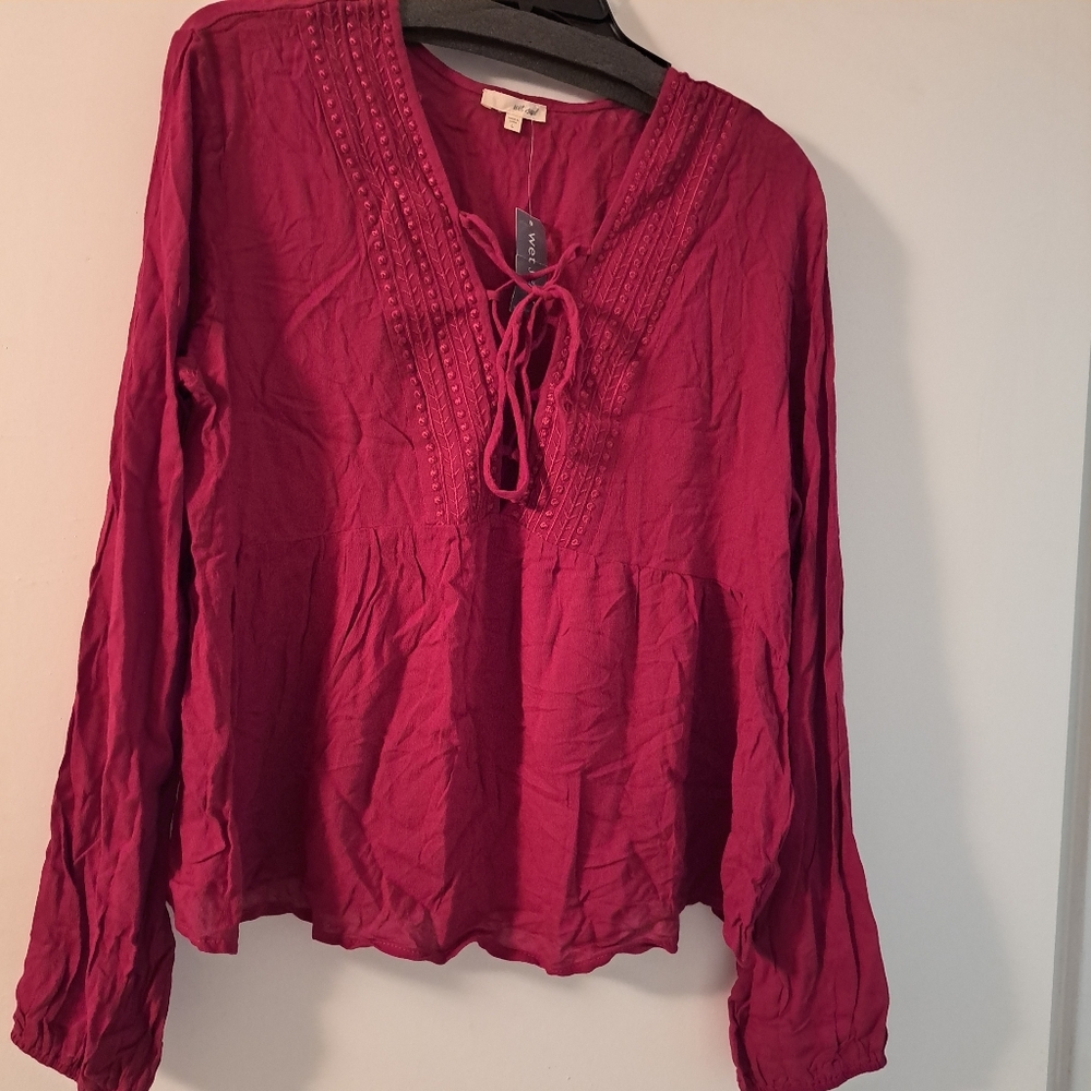Wet Seal Red Maroon Burgundy V-Neck Crisscross Lace Up Blouse Women's Large